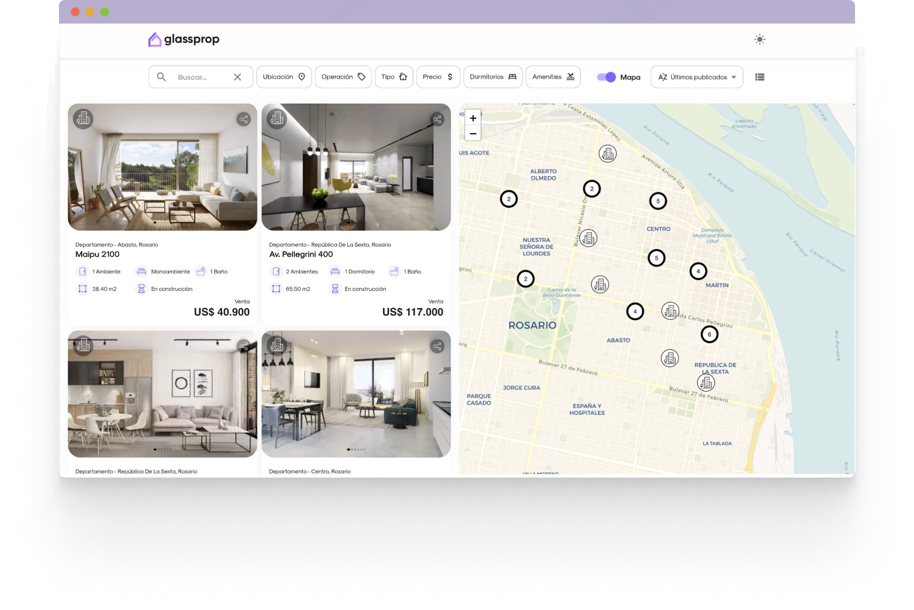 Vista previa de un sitio web inmobiliario profesional creado con Glassprop